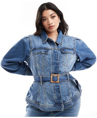 River Island Plus denim jacket with belted waist detail in blue