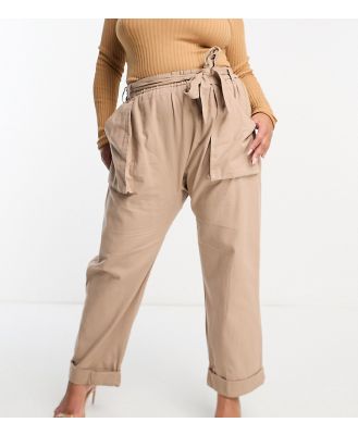 River Island Plus linen belted utility pants in beige-Neutral