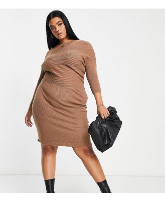 River Island Plus off shoulder slouch midi knitted dress in beige-Neutral