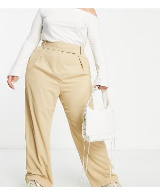 River Island Plus wide leg tailored dad pants in beige-Neutral