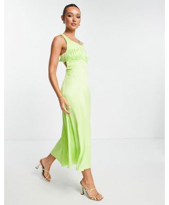 River Island ruched bodice bow back satin midi dress in lime-Green