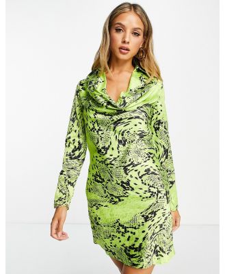 River Island satin cowl neck warped snake print mini dress in green