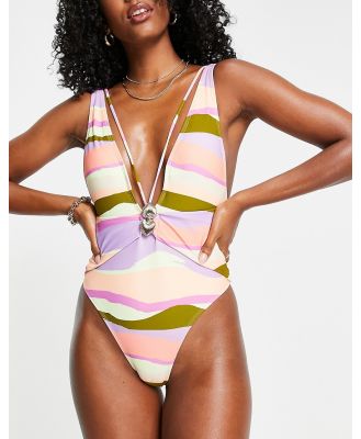 River Island sunset print plunge shell trim swimsuit in purple