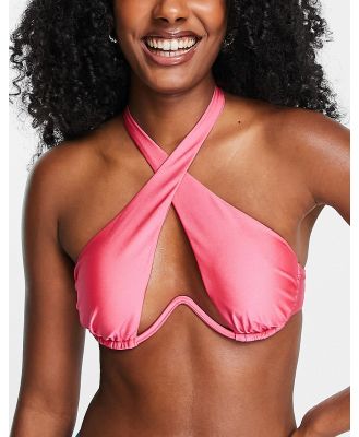 River Island underwire halter wrap bikini top in bright pink