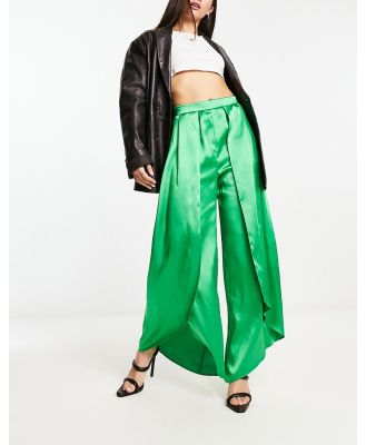 River Island wrap over wide leg satin pants in bright green (part of a set)
