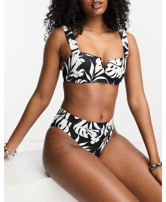 Roxy Love The Shore high waist bikini bottoms in black & white tropical print-Multi