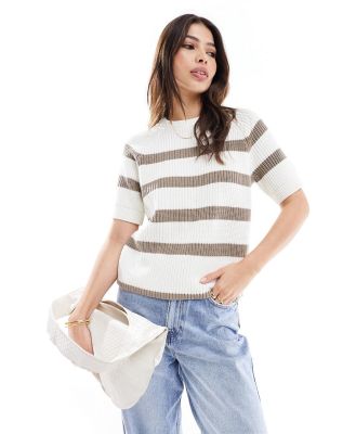 Selected Femme Bloomie short sleeve knit jumper in cream stripe-White