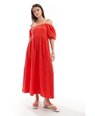 Selected Femme broderie maxi dress in red