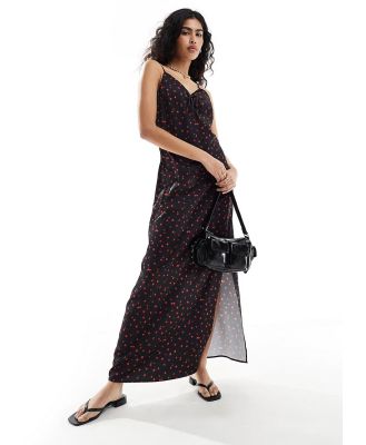 Selected Femme cami maxi satin dress with ruched detail in floral print-Multi