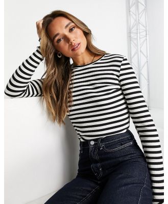 Selected Femme cotton ribbed long sleeve top in black stripe - MULTI