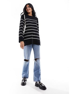 Selected Femme crew neck longline knitted jumper in black with white stripes