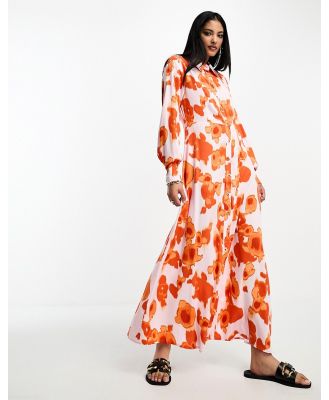 Selected Femme maxi shirt dress in bold orange floral-White