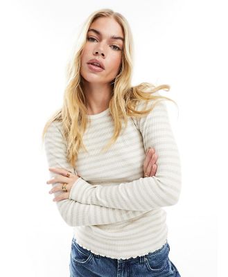 Selected Femme ribbed striped long sleeve t-shirt in beige-Neutral