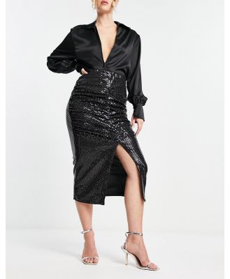 Selected Femme ruched front sequin midi skirt in black