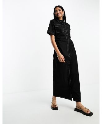 Selected Femme shirt maxi dress with ruched sides in black contrast stitch