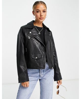 Selected Femme ultimate real leather jacket with quilted lining in black