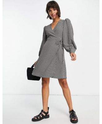 Selected Femme wrap mini dress with volume sleeves in mono gingham-Multi