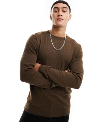Selected Homme wool mix crew neck jumper in brown