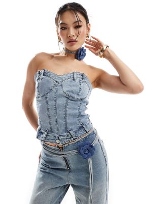 Simmi denim structured sweetheart neck corset top with corsage choker in light wash blue (part of a set)