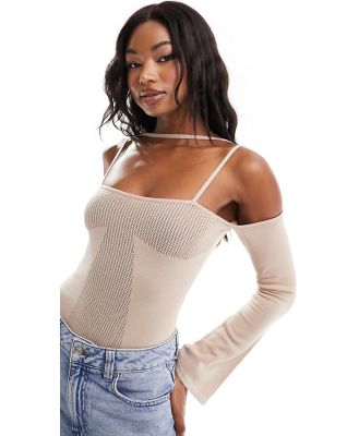 Simmi knitted pointelle bardot strappy body in beige-Neutral