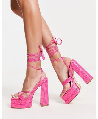 Simmi London Astrid lace up platform heeled sandals in pink croc