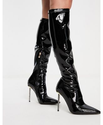 Simmi London Demi knee boots with diamante stiletto heel in black patent
