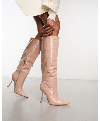 Simmi London Mariam stiletto heel knee boots in beige croc-Neutral