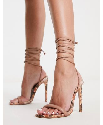 Simmi London Samia tie ankle snake print sandals in brown