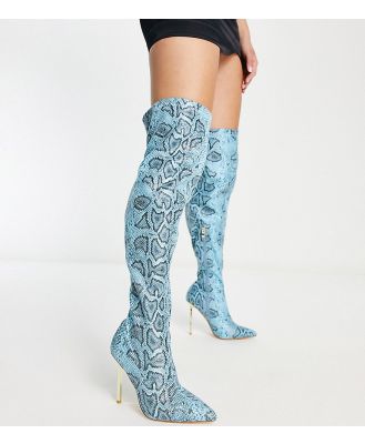 Simmi London Wide Fit Duke stiletto heel over the knee boots in blue snake print-Multi