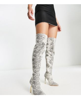 Simmi London Wide Fit Duke stiletto heel over the knee boots in off white snake print-Multi