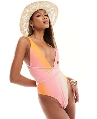 Simmi plunge cross back strappy tie waist swimsuit in pink and orange ombre-Multi