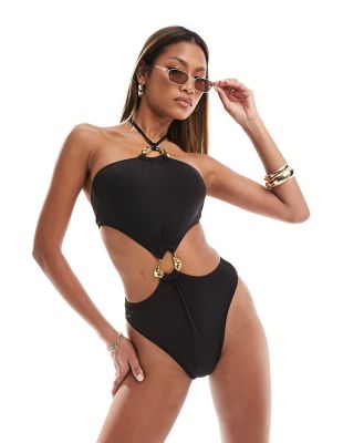 Simmi strappy halterneck cut out swimsuit with gold hardware detail in black
