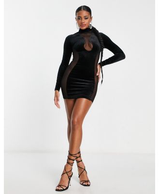 Simmi velvet and mesh panelled mini bodycon dress in black
