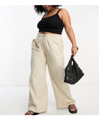 Simply Be Exclusive tie waist linen mix wide leg pants in stone-Neutral