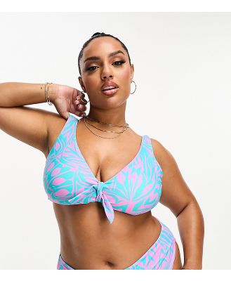Simply Be reversible knot front bikini top in blue and pink print-Multi