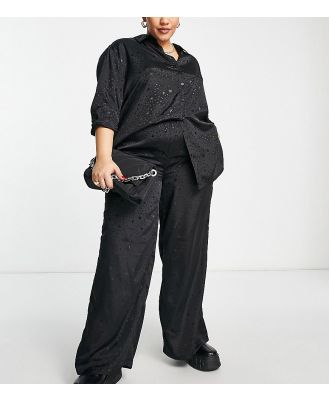 Simply Be satin star print wide leg pants in black (part of a set)