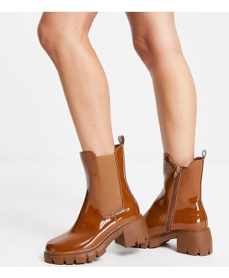 Simply Be Wide Fit cleated block heeled chelsea boots in brown