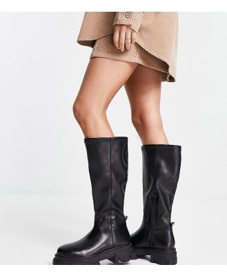 Simply Be Wide Fit knee flat boots with cleated sole in black