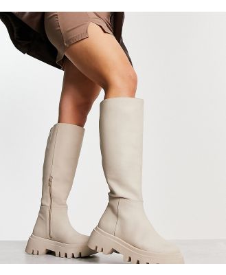 Simply Be Wide Fit knee flat boots with cleated sole in stone-Neutral