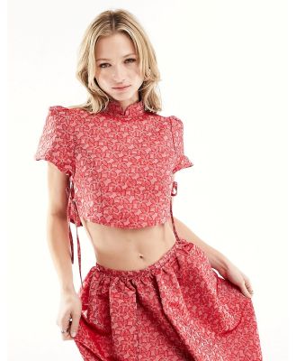 Sister Jane flower power jacquard tie side crop top in red (part of a set)