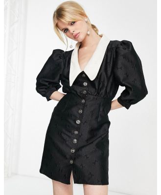 Sister Jane mini button-up dress with contrast collar in black bow jacquard