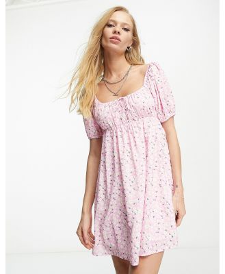 Sisters Of The Tribe mini smock dress in pink floral with puff sleeves