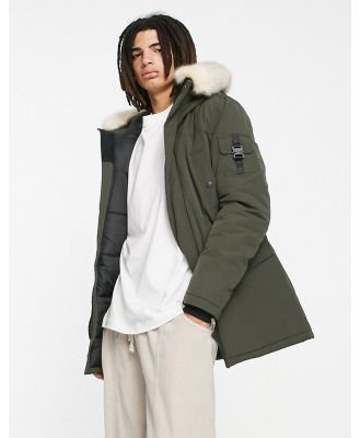 Sixth June parka jacket in khaki with faux fur hood and buckle detail-Green