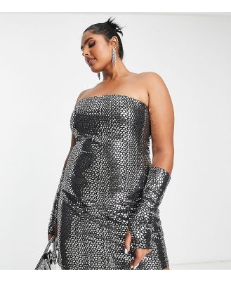 Something New Curve x Emilia Silberg exclusive metallic tube mini dress with matching gloves in silver