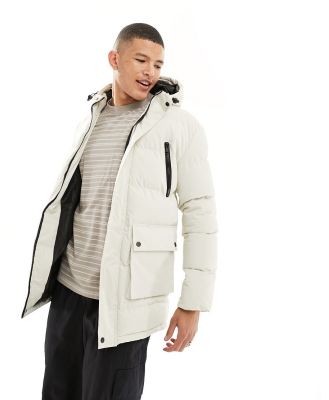 Soulstar multi pocket puffer jacket in stone-Neutral