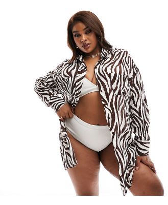 South Beach Curve zebra print oversized beach shirt in brown