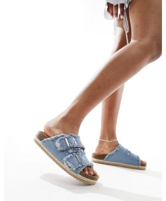 South Beach double buckle espadrille sandals in frayed denim-Blue