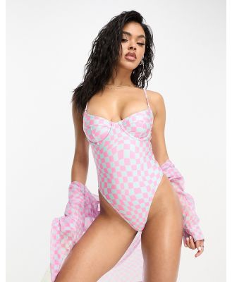 South Beach high leg swimsuit in pink and blue warped check