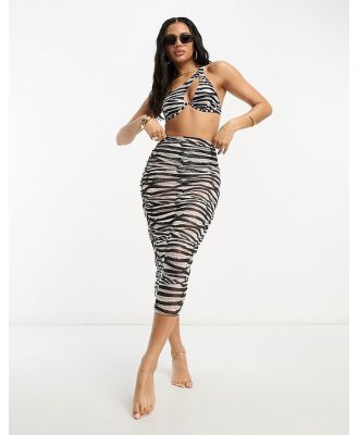 South Beach mesh ruched side midi skirt in zebra-Multi