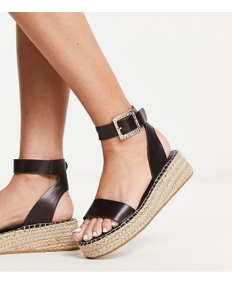 South Beach PU two part espadrille sandals with textured buckle in chocolate-Brown